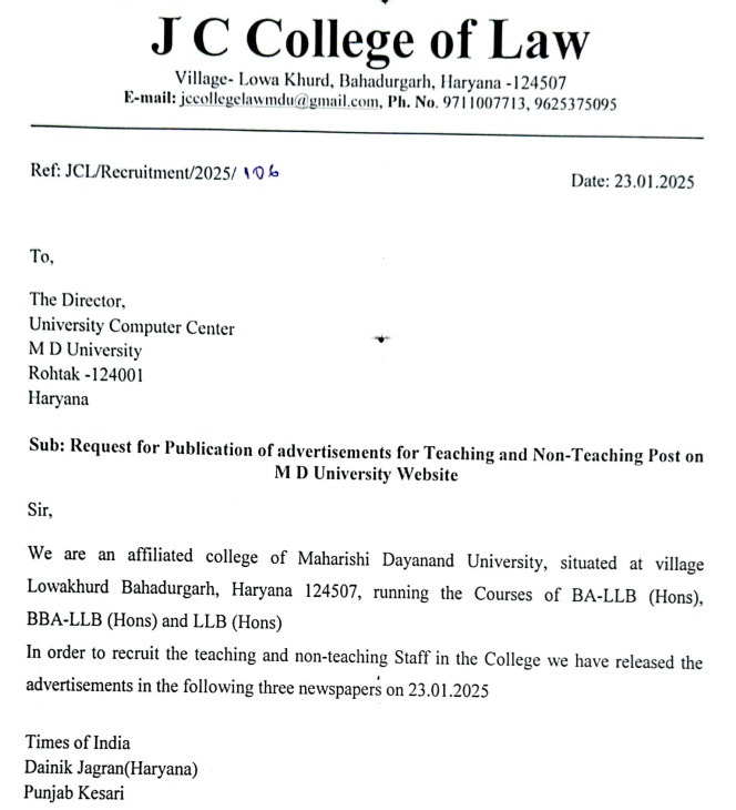 JC College of Law Haryana Teaching Non Teaching Recruitment 2025